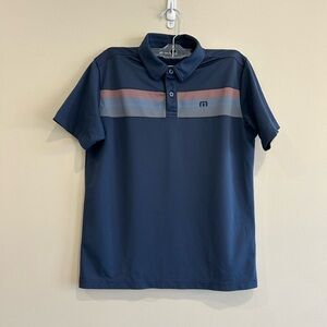 New Condition  TRAVIS MATHEW Polo in Navy blue rust and gray stripes. Size Large